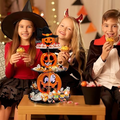 Gistome 3-Tier Halloween Cupcake Stand – Pumpkin Stack Dessert Display Holder for Spooky Party Table, Haunted House Treats, Trick-or-Treat Setup, and Halloween Decorations