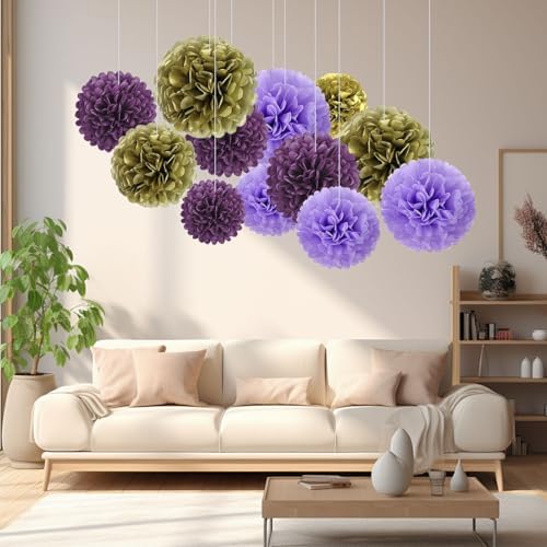 18 PCS Tissue Paper Pom Poms, Tissue Pom Poms Flowers, Sizes of 6", 10", 12", 14" Hanging Paper Flower Ball for Wedding, Birthday, Halloween, Christmas, Baby Shower Party Decor (Gold Purple)