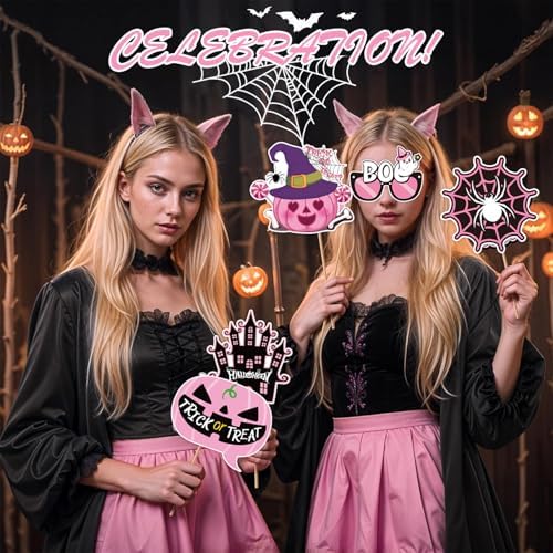 Halloween Photo Booth Props 30 PCS Set, Pink Photoshoot Decorations, Party Favors Supplies Halloween Games Kit with Sticks & Adhesive Dots