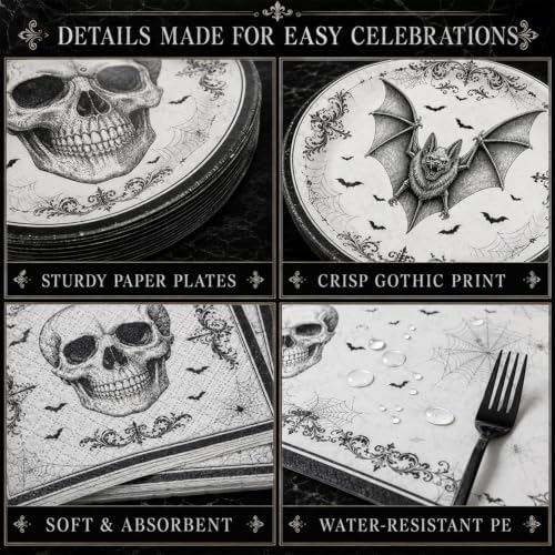98Pcs Halloween Party Decorations-Black Skull Tableware Kit for 24