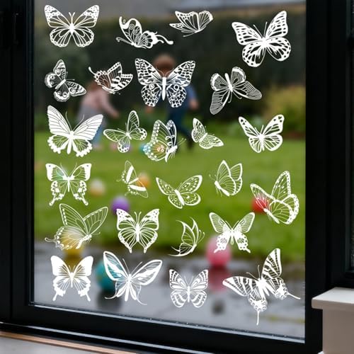 26Pcs Butterfly Static Cling Window Decals 4 Sheets White PVC Removable Reusable Glass Stickers Spring Summer for Home Window Decor Window Clings for Glass Doors Windows