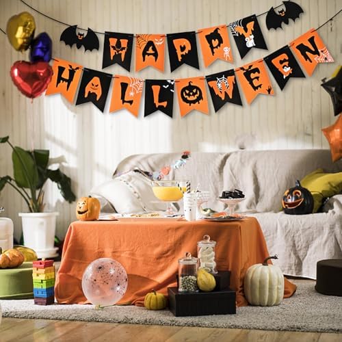 AhfuLife Happy Halloween Banner, Halloween Garland Bunting Decorations Sign for Indoor Outdoor Home Party Supplies