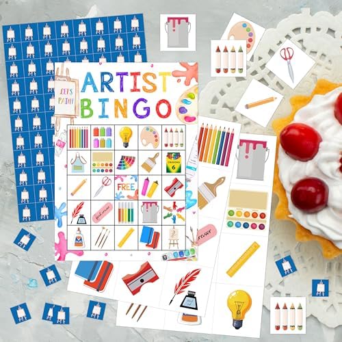 Artist Bingo Game, Painting Party Bingo Cards Set, Art Themed Birthday Games Party Bingo Supplies for Paint Lovers, Adults Family Friends Holiday Activities Favors Decorations for 24 Player, 01