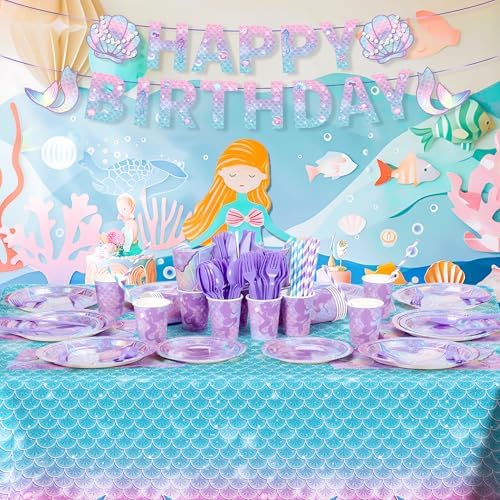 195Pcs Mermaid Birthday Party Decorations, Mermaid Tableware Party Supplies