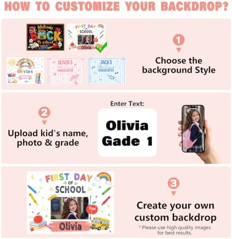 Custom Back to School Backdrop, Personalized First Day of School Photography Backdrop with Photo, Name & Grade, Welcome Back to School Decorations for Classroom, Photo Booth, Wall & Home, Made in USA