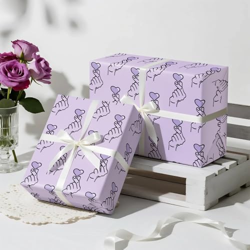 WRAPAHOLIC Valentines Day Wrapping Paper Roll - Mini Roll - 17 Inch x 16.5 Feet - Purple Finger Heart Wrapping Paper for Valentine's Day, Anniversary, Wedding