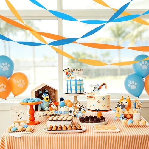 8 Rolls Crepe Paper Streamers, Blue and Orange Streamers Party Decorations for Blue Dog Paw Birthday Party Cartoon Bunting Puppy Dog Theme Celebration Decorations