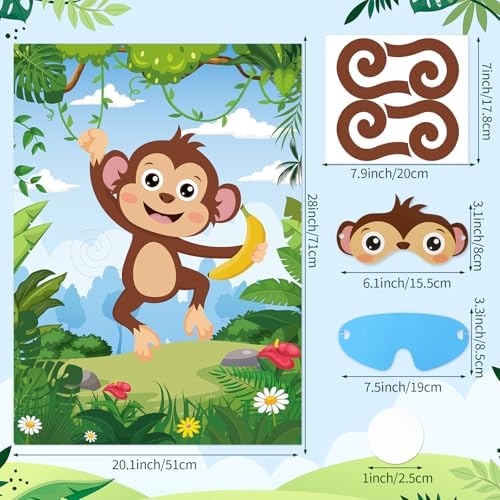 Hooqict Safari Animal Party Games for Kids Birthday Pin The Tail on The Monkey for Jungle Birthday Decorations Wild Zoo Party Supplies, Large Safari Pin The Games Poster with 36 Tail Stickers