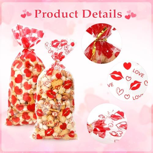100 PCS Valentines Cellophane Bags(5x11 Inch) with Ties for Candy Goodie Treat Snack Goody Cookie Small Gifts Wrap Plastic Ziplock Bag Baggies Pouch Valentine Galentine Party Favors Supplies Decor
