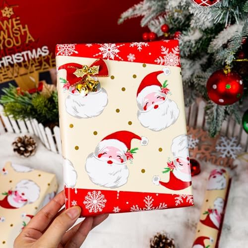 Yarcony Reversible Christmas Wrapping Paper, Santa Wrapping Paper, Cute Vintage Beige Santa Claus, Gold Dot and Snowflake Pattern Christmas Gift Wrap for Winter Holiday (Mini Roll, 17 Inch X 33 Feet)