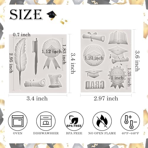 Sakolla 2 Pack 2026 Graduation Candy Chocolate Molds, Doctoral Cap Diploma Scroll Badge Pen Shape Fondant Silicone Molds for Party Cake Decoration（Mini/Grey）