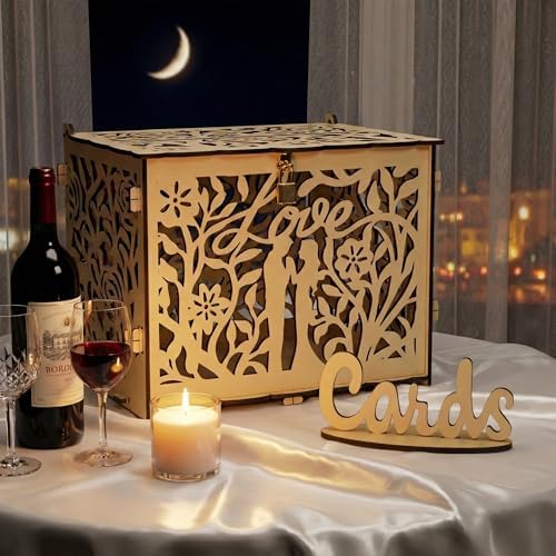 Jolik Bride and Groom Wedding Card Box with Sign, Large Rustic Locking Money Box Holder for Wedding Reception, Gift Card & Envelope Storage, DIY Anniversary & Birthday Party Decoration(Yellow)