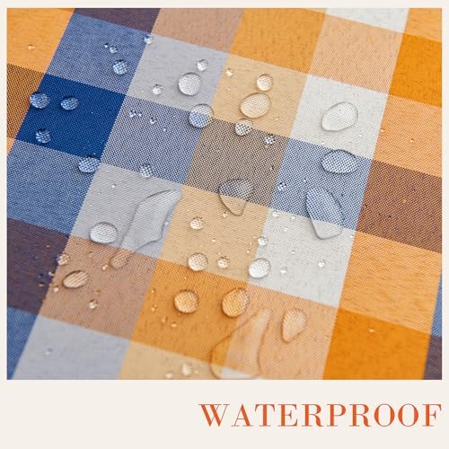 Fall Plaid Waterproof Tablecloth – Orange, Blue & White Check Pattern – Thanksgiving Harvest Table Cover, Stain-Resistant & Durable, 60" Round