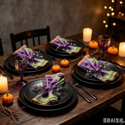 12 Pcs Halloween Spooky Beetle Spider Napkin Rings Artificial Black Foliage Purple Glitter Ball Green Bead Purple Flower Wreath Napkin Ring Holder Buckles for Halloween Gothic Dinner Haunted House