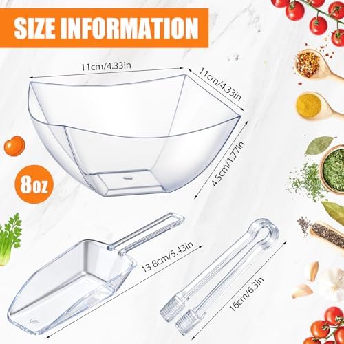 Vesici 48 Pcs 8 oz Clear Plastic Candy Bowls 24 Pcs with 12 Scoops and 12 Tongs Square Dessert Candy Bowl Buffet Containers Disposable Party Ice Cream Salad Dish for Serving Food Appetizers Supplies