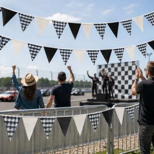 G2PLUS Black and White Gingham Fabric Bunting Banner, 32Ft Cotton Burlap Triangle Garland for Soccer Party, Game Day, Racing Car Party, Birthday, Graduation & Outdoor Decorations