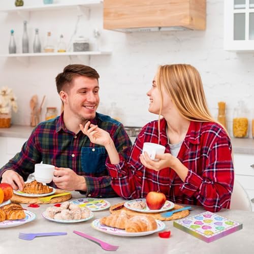 100 Pieces Valentine’s Day Party Tableware Set – Candy Heart Plates, Napkins and Forks, Love Heart Disposable Dinnerware for Valentine Classroom Party and Birthday Supplies