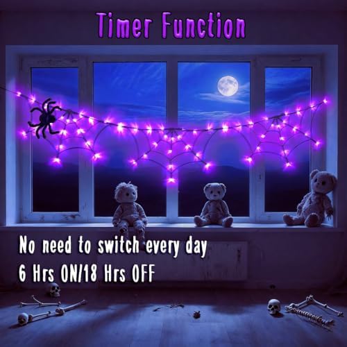 Halloween Decorations Spider Web Lights 6FT 60LED Battery Operated/USB Powered with Black Spider with Timer 8 Modes Indoor Outdoor for Halloween Decor, Purple