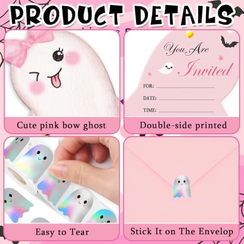 25 Pack Pink Halloween Invitations Card with Envelopes and Sticker