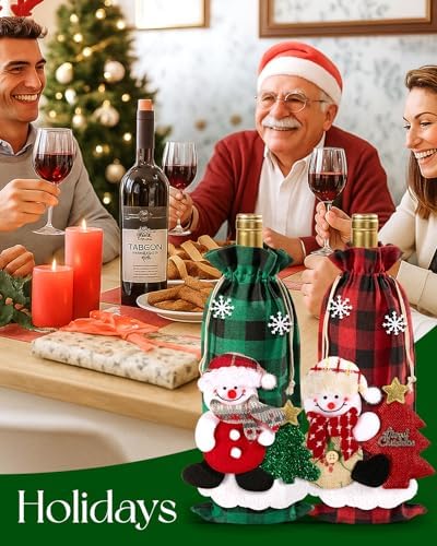 Swooflia Christmas Wine Gift Bags - 4 Pcs Classic Checkered Wine Bottle Bag with 3D Dolls Reusable Xmas Bottle Cloth Wrapping Sleeves with Drawstring Cute Holiday Party Decoration
