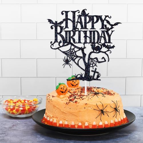 Black Glitter Halloween Happy Birthday Cake Topper, Spooky Haunted House Cake Decor, Creepy Horror Birthday Themed Party Decorations Supplies