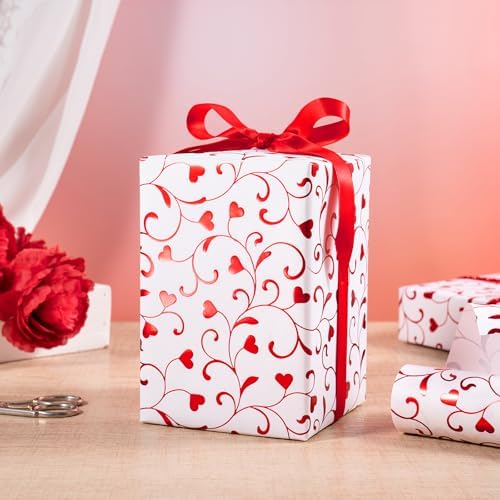 RUSPEPA Elegant Heart Wrapping Paper Roll, Mini Roll, Red Foil Heart Swirl Pattern, White Romantic Shine Gift Wrap for Valentine's Day, Wedding, Anniversary, Bridal Shower, 17 Inches x 16.4 Feet