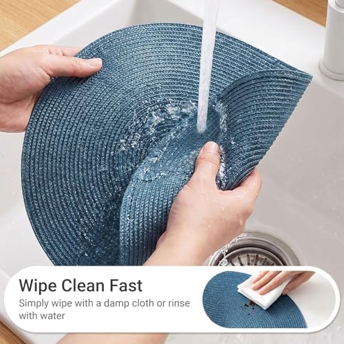 FunWheat Round Braided Placemats Set of 12 Place Mats for Dining Table Woven Washable Non-Slip Table Mats 15 Inch(Blue,12pcs)