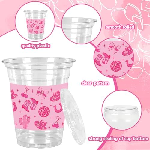 Whaline 50Pcs Pink Pony Club Plastic Cups Disposable Cups with Lids Straws 12oz Hot Pink Western Cowgirl Clear Plastic Cup for Birthday Bachelorette Party Supplies