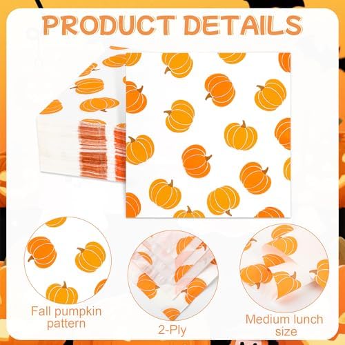 100Pcs Fall Pumpkins Paper Napkins 6.5in Orange Disposable Party Hand Towel
