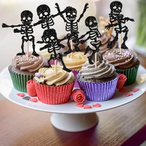 Rsstarxi 30 Pack Halloween Skull Cupcake Toppers Halloween Theme Party Decorations Skull Dance Cupcake Picks for Baby Shower & Birthday Party Cake Decorations Supplies Black