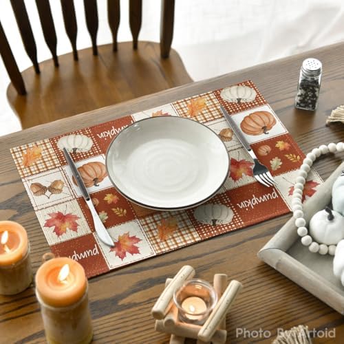 Artoid Mode Pumpkin Maple Leaf Plaid Fall Placemats Set of 4-12 x 18 Inch