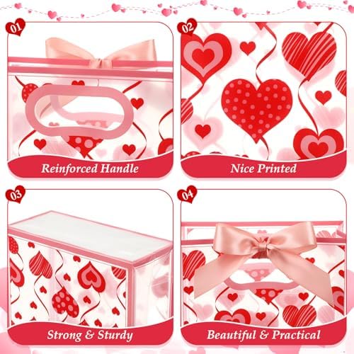 Capoda 24 Pack Gift for Valentine's Day Bags with Handle & Ribbons - Reusable Plastic Heart Favor Bags for Classroom School Party Exchange, Waterproof Goody Treat Totes for Galentine's Wedding Gifts