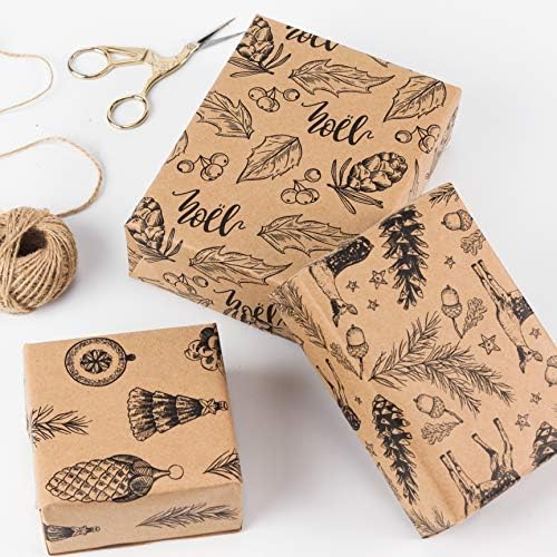 RUSPEPA Christmas Wrapping paper - Brown Kraft Paper with Black Christmas Elements Print Paper - 4 Roll-30Inch X 10Feet Per Roll