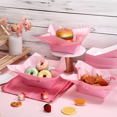 Geosar 100 Pcs Gingham Paper Food Tray with Wax Paper,Pink