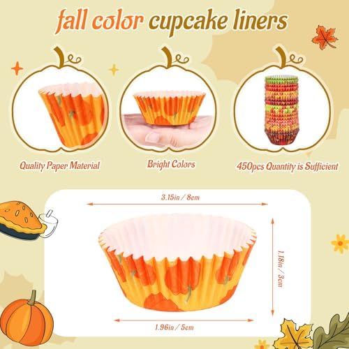 SANNIX 450pcs Fall Cupcake Liners, Pumpkin Maple Leaf Cake Baking Cups