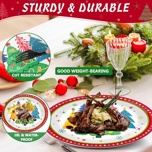 Lonfliness 50Pcs Colorful Christmas Tree Plates Disposable Paper Christmas Tree Party Decorations Supplies 11 Inch Oval Plate Platter Dish Tray, Xmas Holiday Tableware Dinnerware
