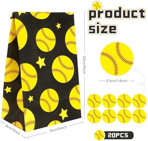 FEBSNOW 20Pcs Softball Paper Gift Bags with Stickers for Sport Party Favors