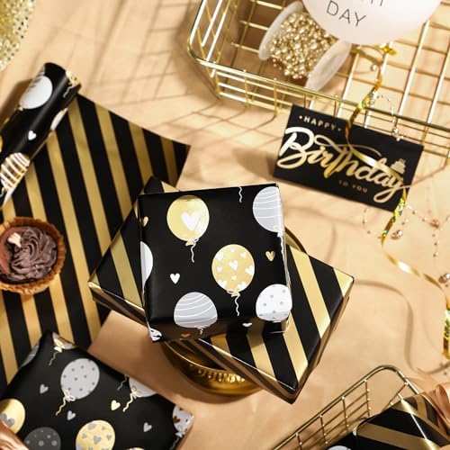WRAPAHOLIC Reversible Birthday Wrapping Paper Roll - Mini Roll - 17 Inch X 33 Feet - Metallic Black Gold Balloon Design for Birthday, Holiday, Party, Baby Shower