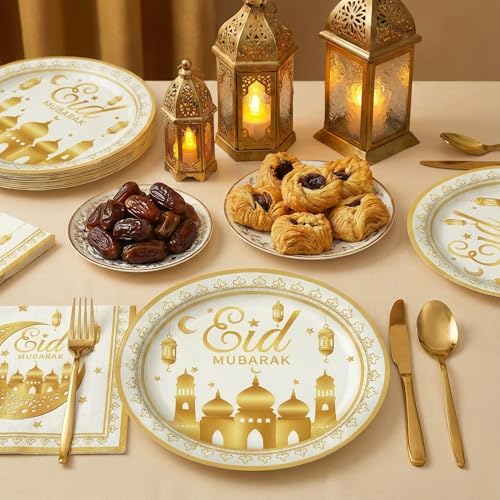 Dereinwo 50 Pcs Ramadan Eid Mubarak Paper Plates and Napkins Set
