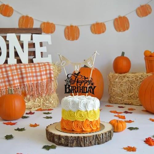 1 PCS Halloween Happy Birthday Cake Topper Black Glitter Spider Web Bat Cake Pick Halloween Party Decorations for Baby Shower Kids Birthday Party Cake Decorations Supplies