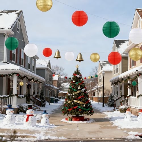 Christmas Paper Lanterns Red Green White Gold Hanging Paper Lanterns for Birthday Wedding Festival Christmas Party Decorations (12 PCS)