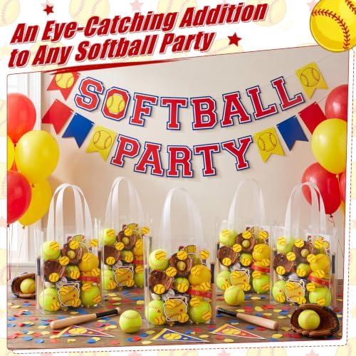 Pajean 12 Pcs Softball Plastic Gift Bags with Handles, 5.9 x 8.7 x 3.1 Inch Baseball Theme PE Treat Bags, Yellow Sport Candy Goodie Pouches for Classroom Exchange, Party Favor, Sports Event Supplies