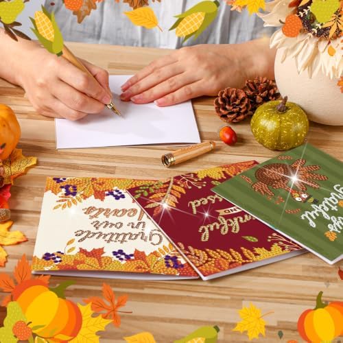 Saillong 12 Pack Fall Thanks Diamond Painting Greeting Card Kits DIY Thanksgiving Diamond Art Cards with Envelope Maple Leaves 5D Rhinestones Paint Card for Adults DIY Crafts Family Friend Autumn Gift