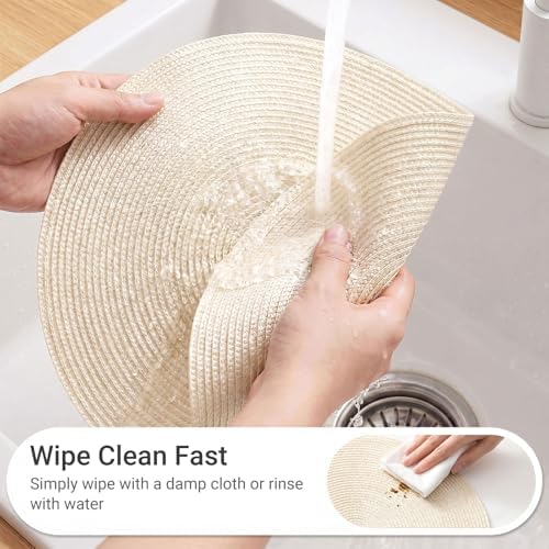 FunWheat Round Braided Placemats Set of 6 Table Mats for Dining Tables Woven Washable Non-Slip Place mats 15 inch(Beige, 6pcs)