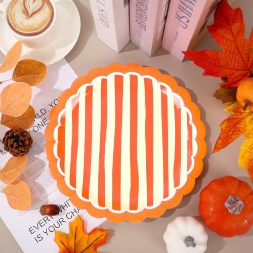 JarThenaAMCS 30Pcs Orange Stripe Paper Plates Fall Scalloped Disposable Plate Striped Dessert Plate for Autumn Thanksgiving Birthday Bridal Baby Shower Wedding Party Table Decor