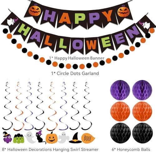 meowtastic Happy Halloween Banner Decorations - Halloween Banner with Honeycomb Ball, Hanging Swirl Streamer, Circle Dot Garland Decorations for theme Party Decorations