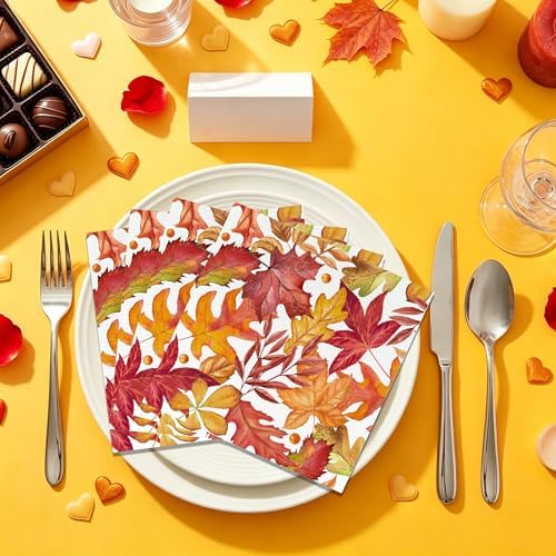 100 Pack Fall Napkins Disposable Folded 10 x 10 Inches Autumn Party Decorations, Maple Leaves Cocktail Napkins for Families Fall Thanksgiving Party Supplies Paper Towel Disposable Towel