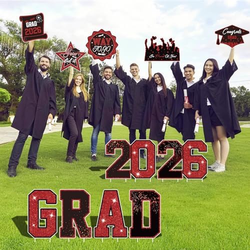 Graduation Yard Signs Class of 2026 Decorations 11pcs Black and Red Congrat
