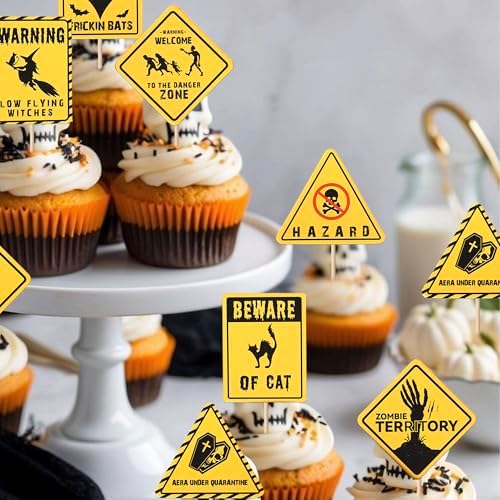 Rsstarxi 40 Pack Halloween Cupcake Toppers Beware Danger Ghost, Bat, Cat, Zombi Cupcake Picks Scary Halloween Decorations for Baby Shower Happy Boo Day Birthday Party Cake Decorations