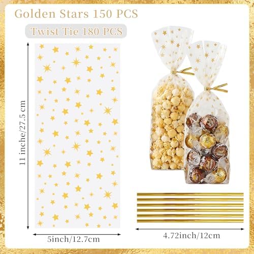 CCINEE 150 Pcs Cellophane Treat Bags, 5 X 11 Inches Gold Star Print Clear Gift Wrap Candy Bags Goodie Bags with Twist Ties for Wedding, Birthday Party Favors, Bakery, and Gift Packaging
